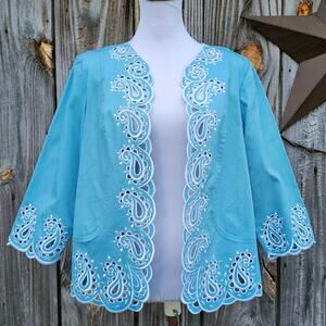 Embroidered Blue Jacket White Paisley Scallop Edge Bob Mackie Size L Stretch